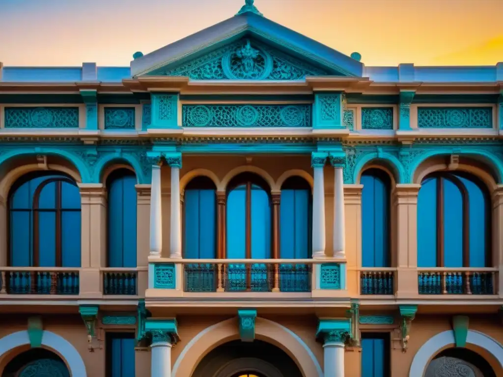 Fachada detallada del Palacio Salvo en Montevideo, resaltando la arquitectura y patrimonio cultural de la ciudad al atardecer