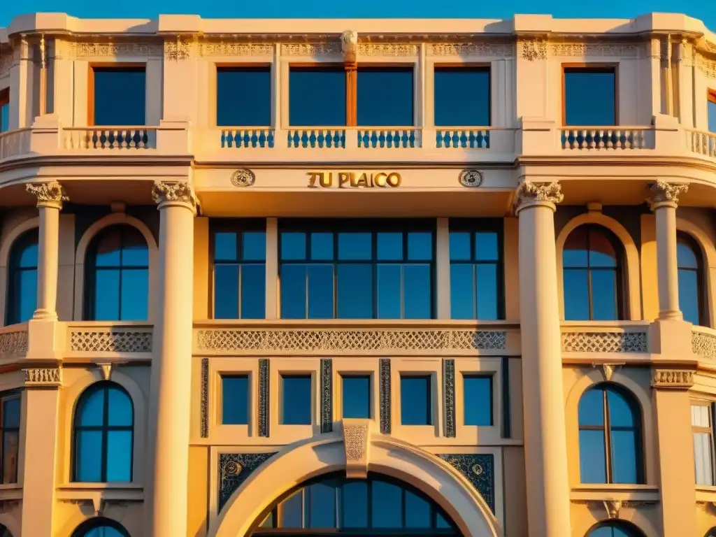 Palacio Salvo: Detalles Art Deco al atardecer en Montevideo Fachada detallada del Palacio Salvo en Montevideo al atardecer, mostrando la arquitectura modernista en Uruguay