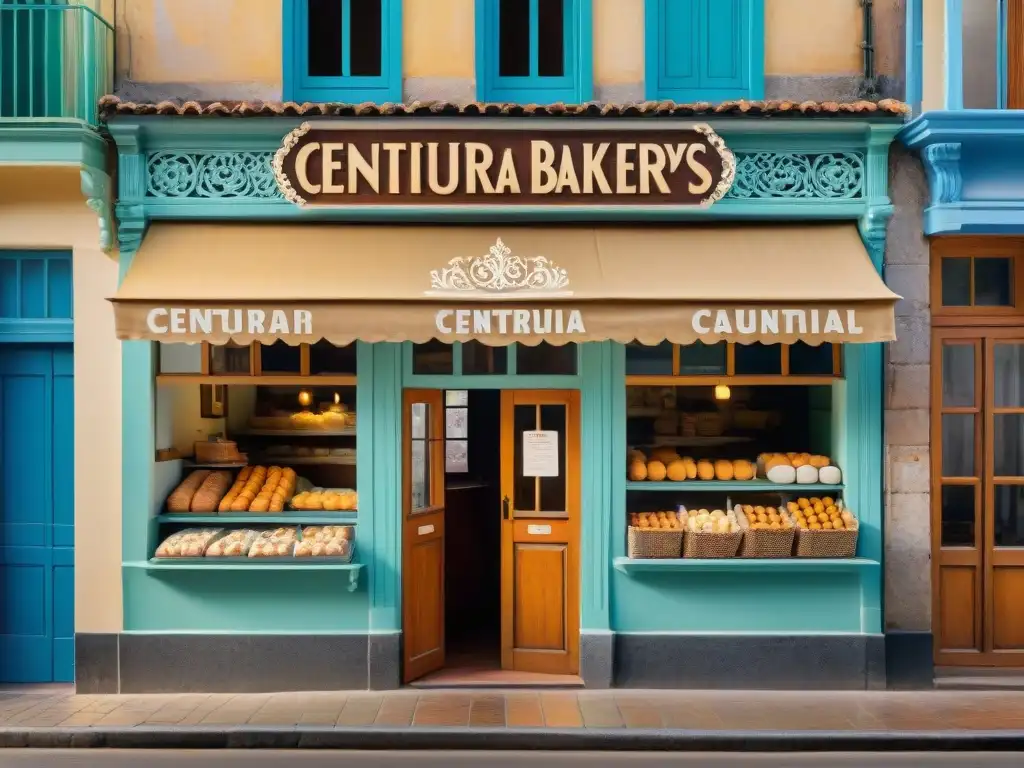 Fachada detallada de panadería centenaria en Uruguay con encanto histórico y local