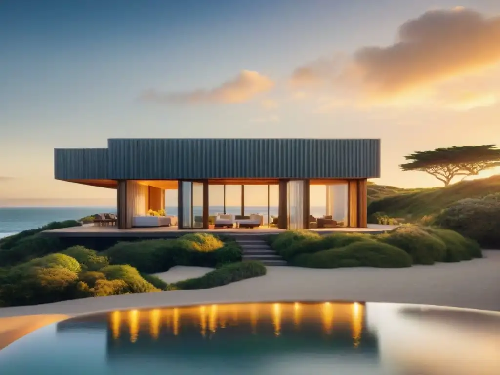 Fachada de hotel boutique en la costa uruguaya, arquitectura moderna y tradicional en armonía con vistas al mar al atardecer