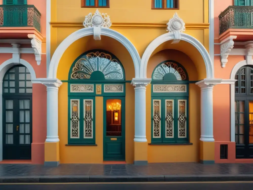 Fachada de hotel boutique histórico en Uruguay con detalles arquitectónicos intrincados y elegancia atemporal bañados por la luz dorada del atardecer