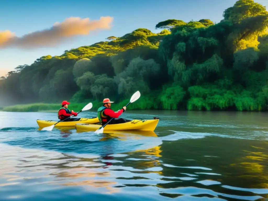 Una familia rema en kayaks al atardecer en un río de Uruguay, mostrando la belleza natural