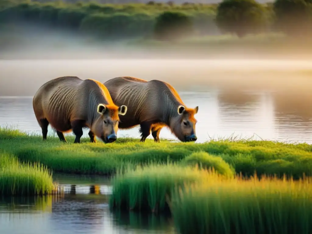 Familia de capibaras disfrutando del atardecer en un humedal de Uruguay, reflejando la belleza del ecoturismo en Uruguay experiencias autenticas