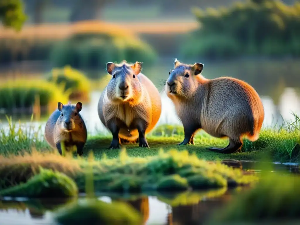 Una familia de capibaras pacíficamente pastando en los exuberantes bañados uruguayos, detallados y serenos bajo la cálida luz del atardecer