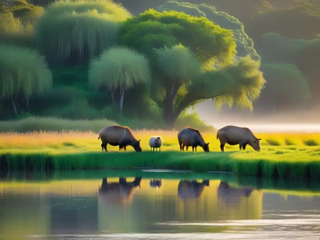 Familia de capibaras en su hábitat natural en Uruguay, resaltando la conservación de la fauna y su hogar