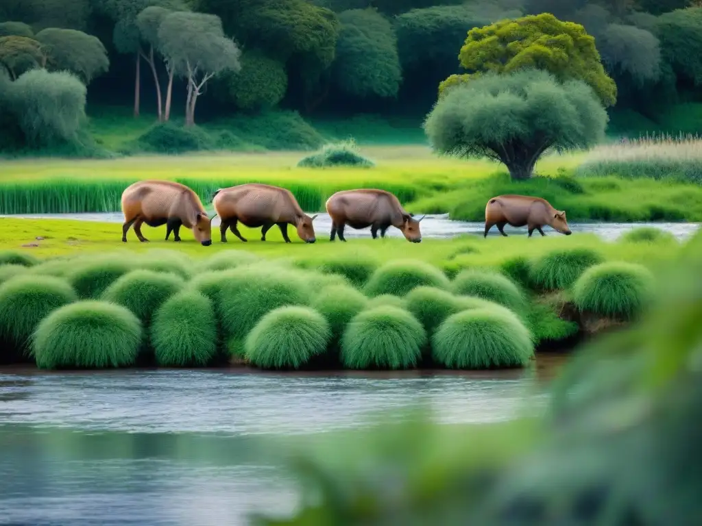 Familia de capibaras pastando junto a arroyo en Santa Teresa, Uruguay