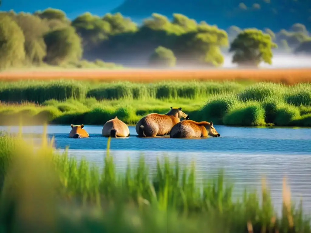 Una familia de capibaras disfrutando del sol en la orilla del Río Uruguay