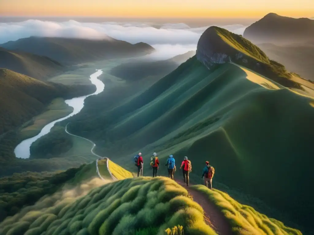 Familia de cuatro en la cima de una montaña verde en Uruguay al atardecer