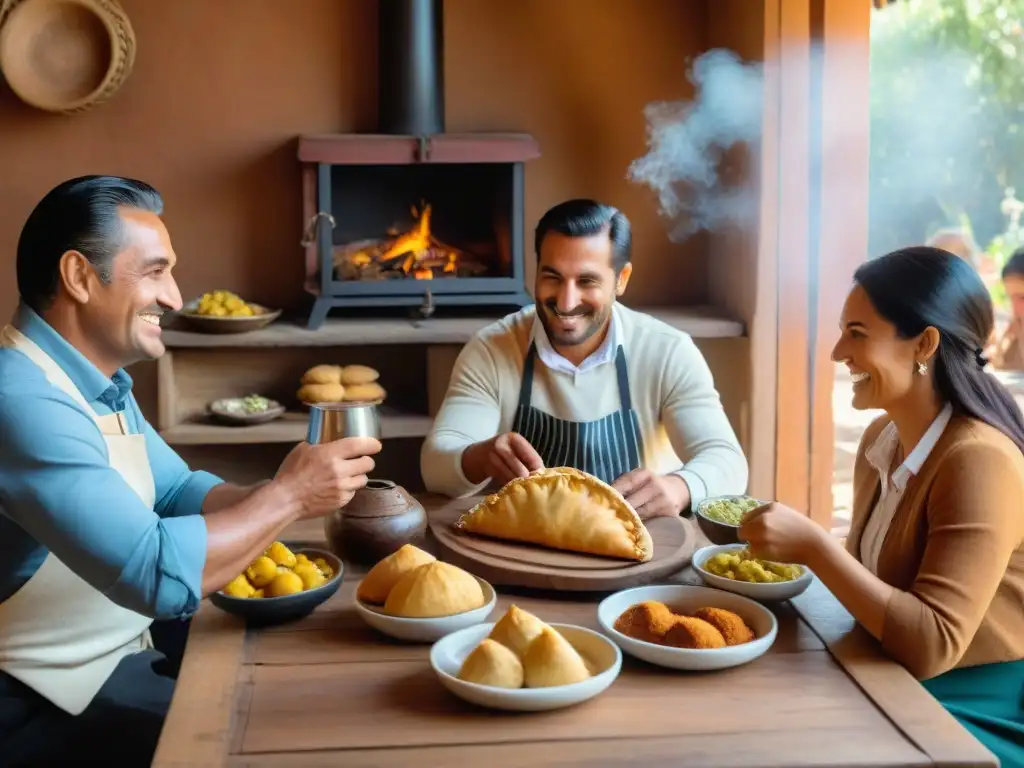 Una familia uruguaya comparte una comida tradicional en un cálido ambiente familiar, destacando la preservación de recetas tradicionales Uruguayas