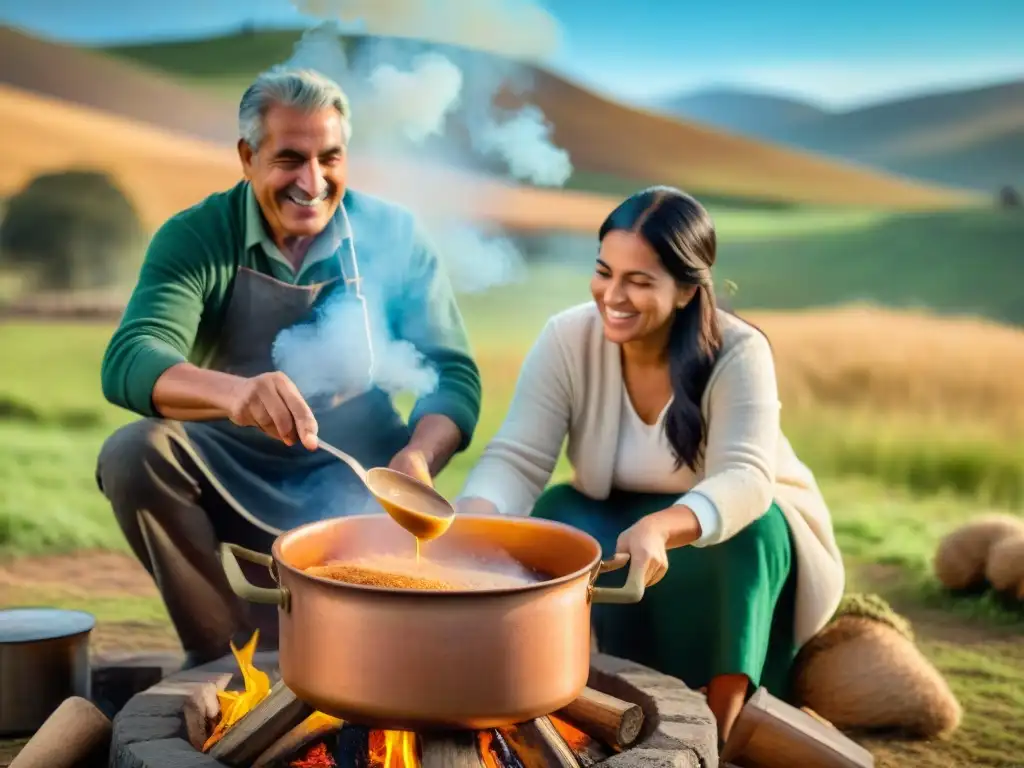 Familia uruguaya preparando dulce de leche en el campo, tradición culinaria