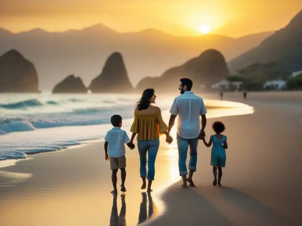 Familia feliz disfruta de aventuras familiares en Piriápolis al atardecer en la playa