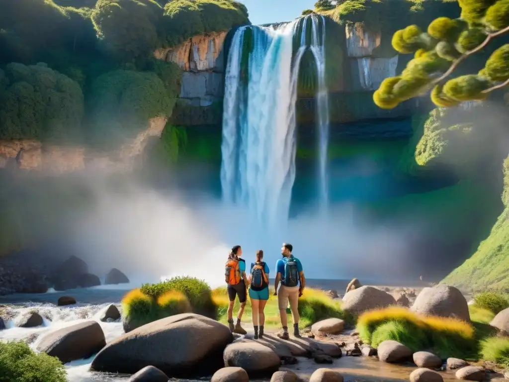 Familia feliz de excursión en cascada de Uruguay, disfrutando juntos