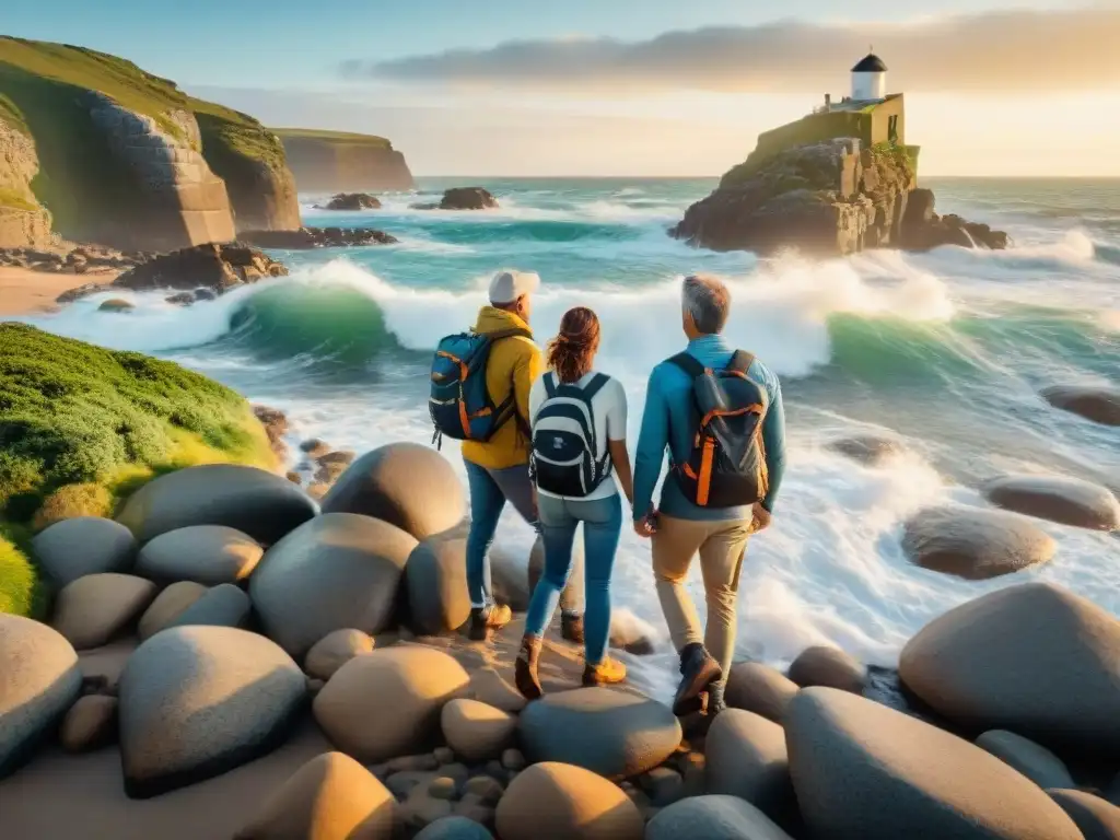 Familia feliz explorando la costa de Uruguay juntos, seguros de viaje para familias en Uruguay