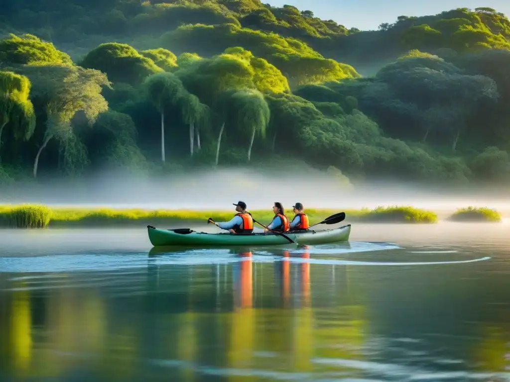 Una familia feliz remando en kayak en aguas tranquilas rodeados de vegetación en un río de Uruguay