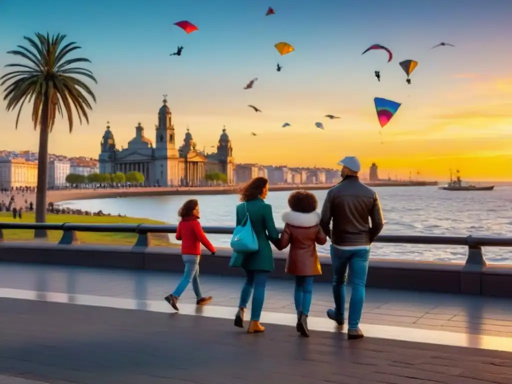 Familia feliz disfrutando de la Rambla de Montevideo al atardecer