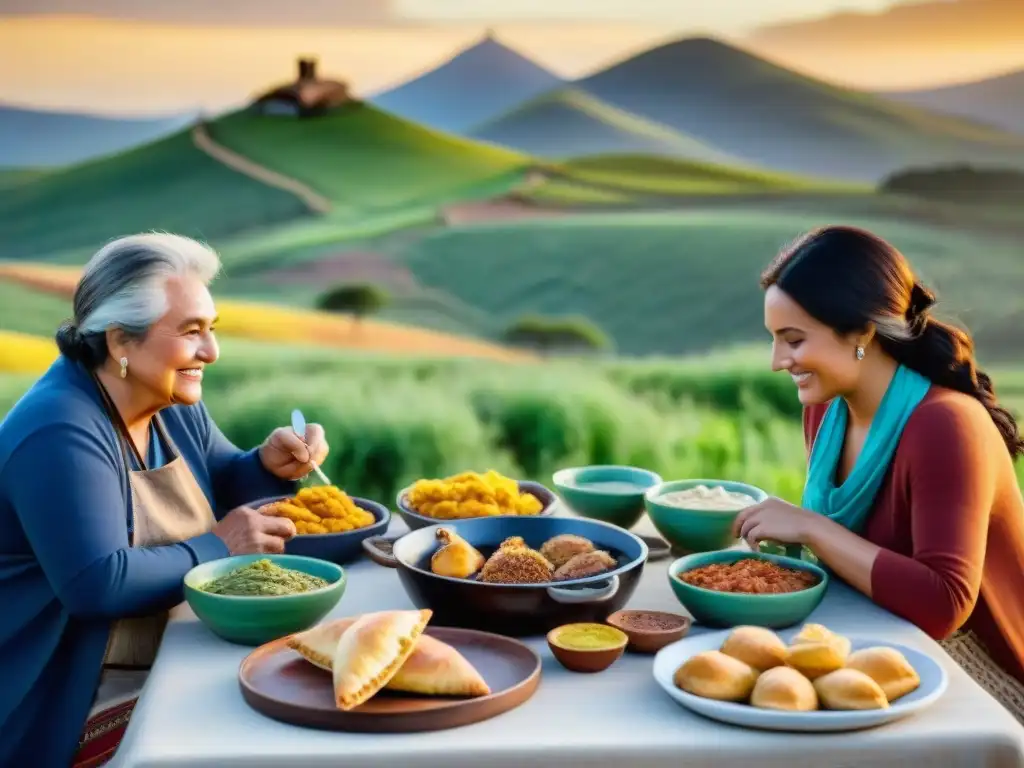 Una familia uruguaya disfruta de un festín campestre al atardecer con asado, empanadas y mate