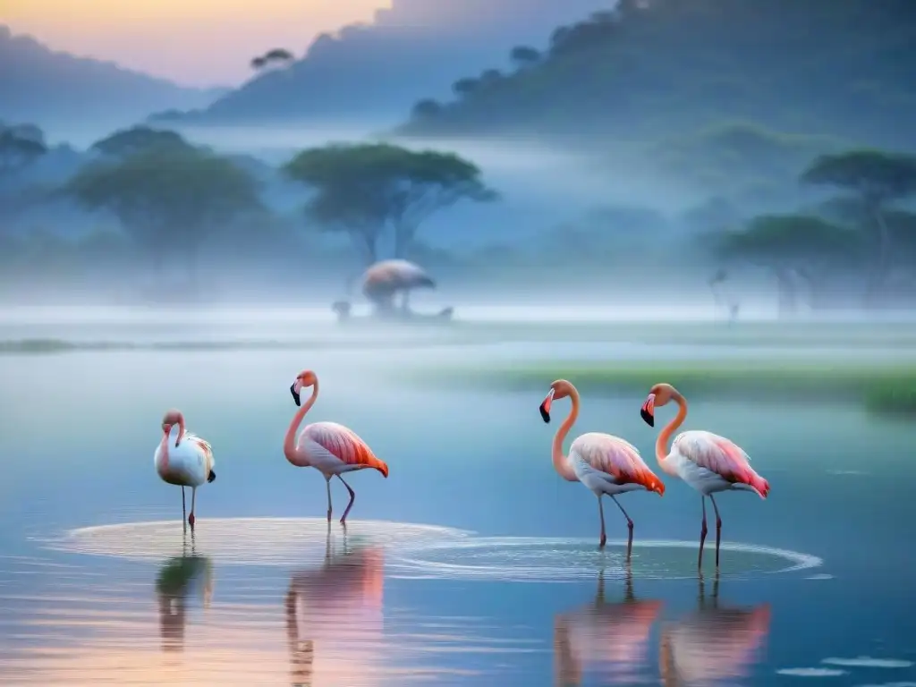 Familia de flamencos en Laguna de Rocha al amanecer, reflejados en el agua tranquila