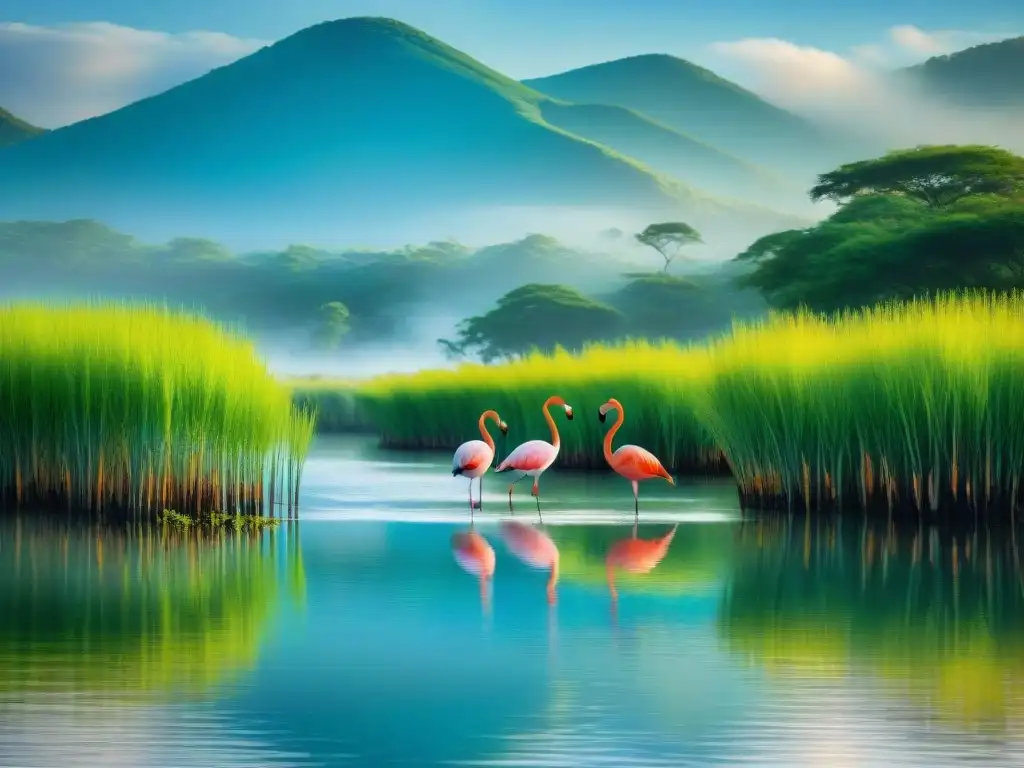 Una familia de flamencos rosados y coloridos loros en la Laguna Garzón invitan a la observación de aves