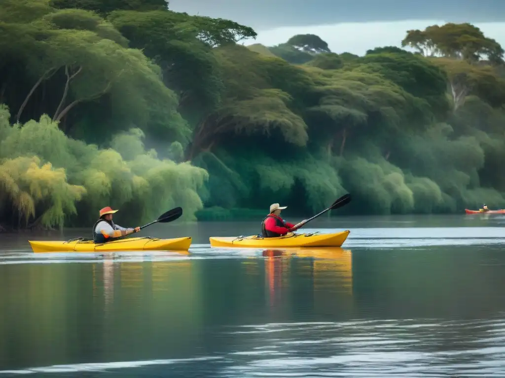 Una familia de carpinchos nadando junto a kayaks en un río de Uruguay