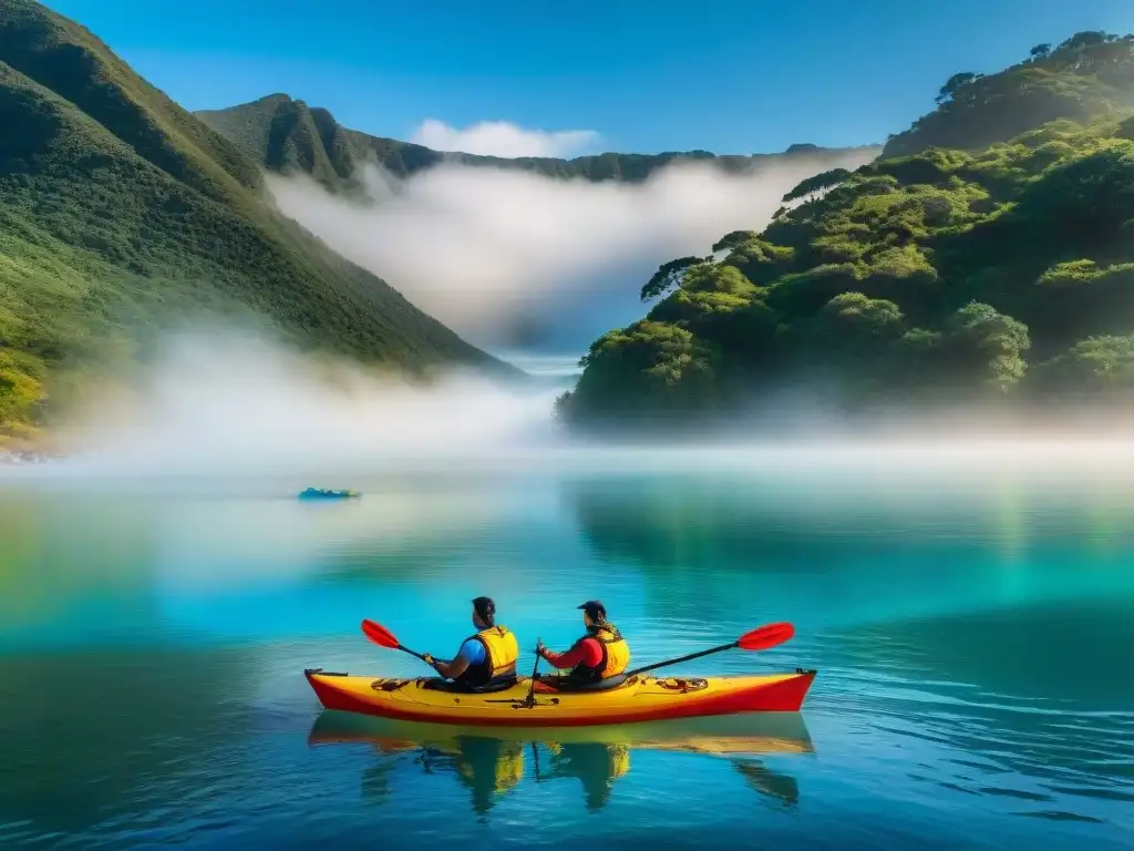 Familia remando juntos en kayaks coloridos en Laguna Garzón, Uruguay, bajo cielo azul