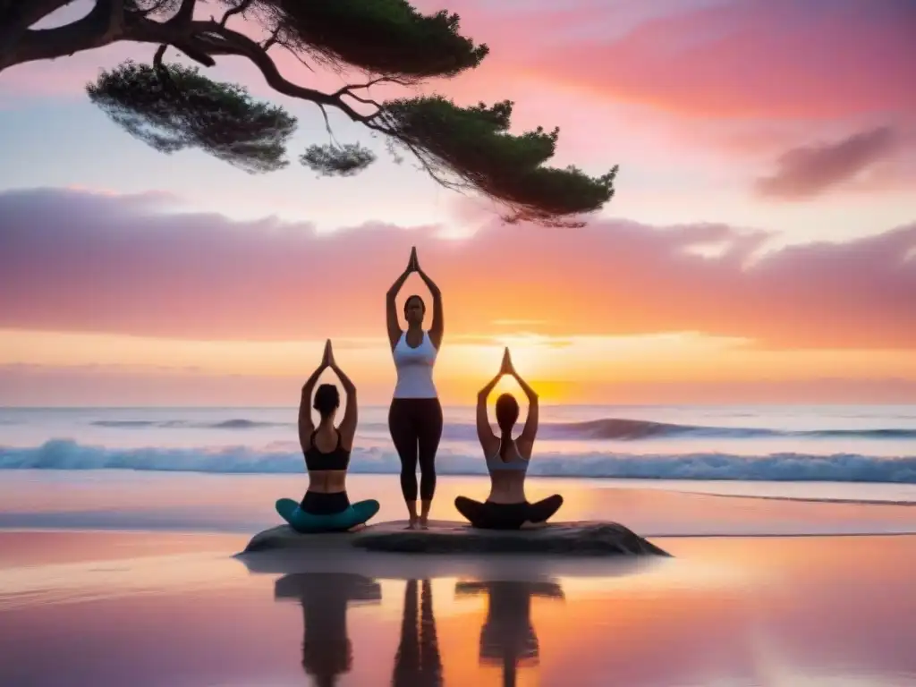 Familia practica yoga juntos en una playa de Uruguay al atardecer