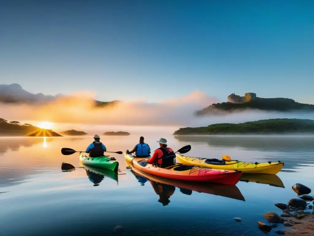 Una familia se prepara para remar en Laguna Garzón al atardecer, transmitiendo una experiencia de kayak en familia en Uruguay