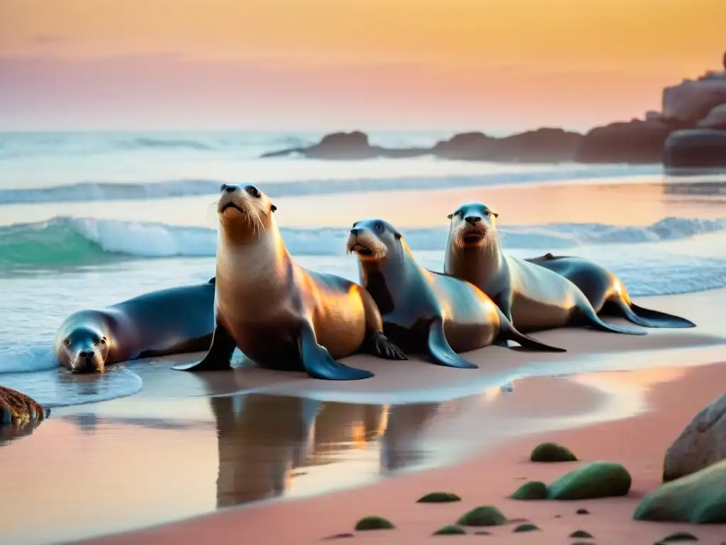 Familia de lobos marinos en Cabo Polonio al atardecer, reflejando la armonía entre fauna y naturaleza en Uruguay