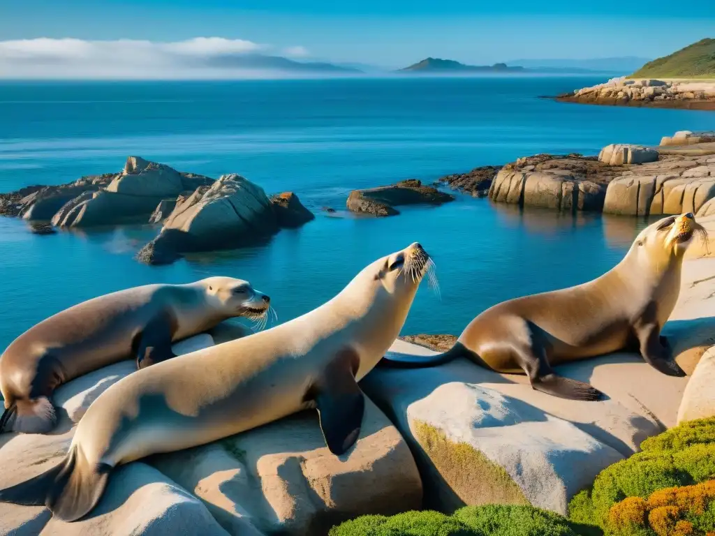 Familia de lobos marinos descansando al sol en la costa rocosa de Uruguay