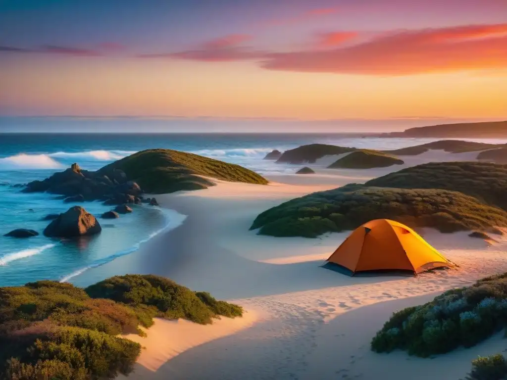 Una familia montando la mejor carpa para acampar en Uruguay, frente a un atardecer colorido en Cabo Polonio