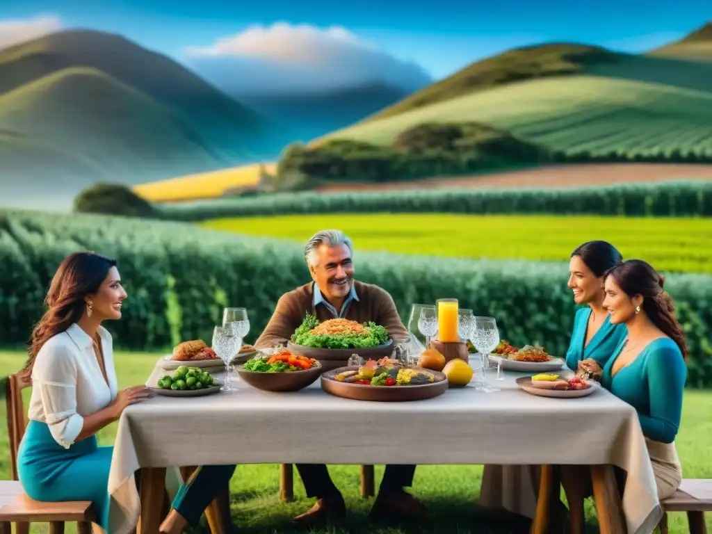 Una familia uruguaya disfruta de una mesa llena de platillos coloridos y sostenibles en un paisaje campestre