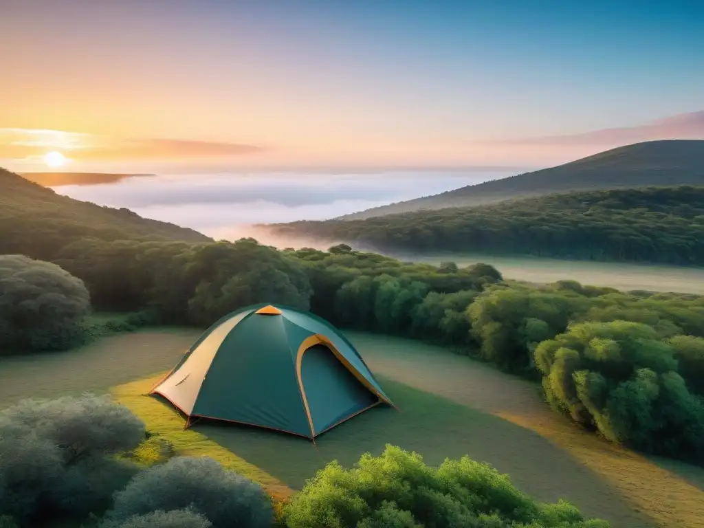 Familia montando moderna carpa en precioso camping en Uruguay