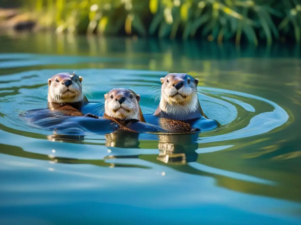 Familia de nutrias juguetonas nadando en un río cristalino en Uruguay, expresando libertad y armonía en su hábitat natural