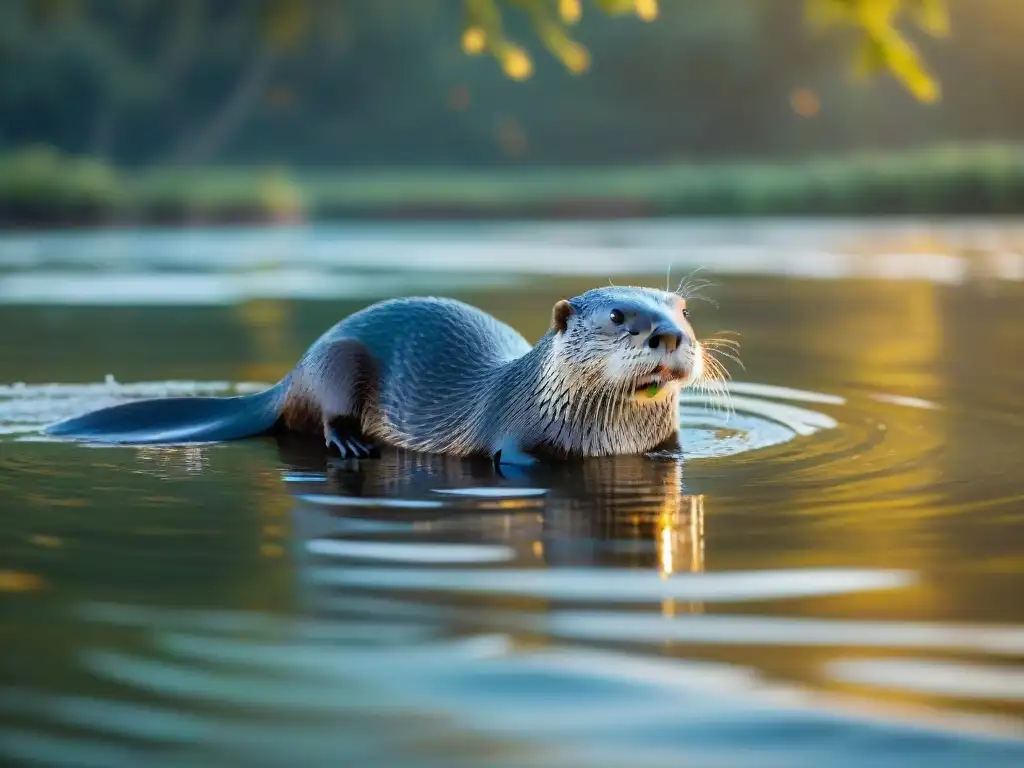 Familia de nutrias jugando en lago sereno en Uruguay al atardecer, con fauna salvaje en kayak