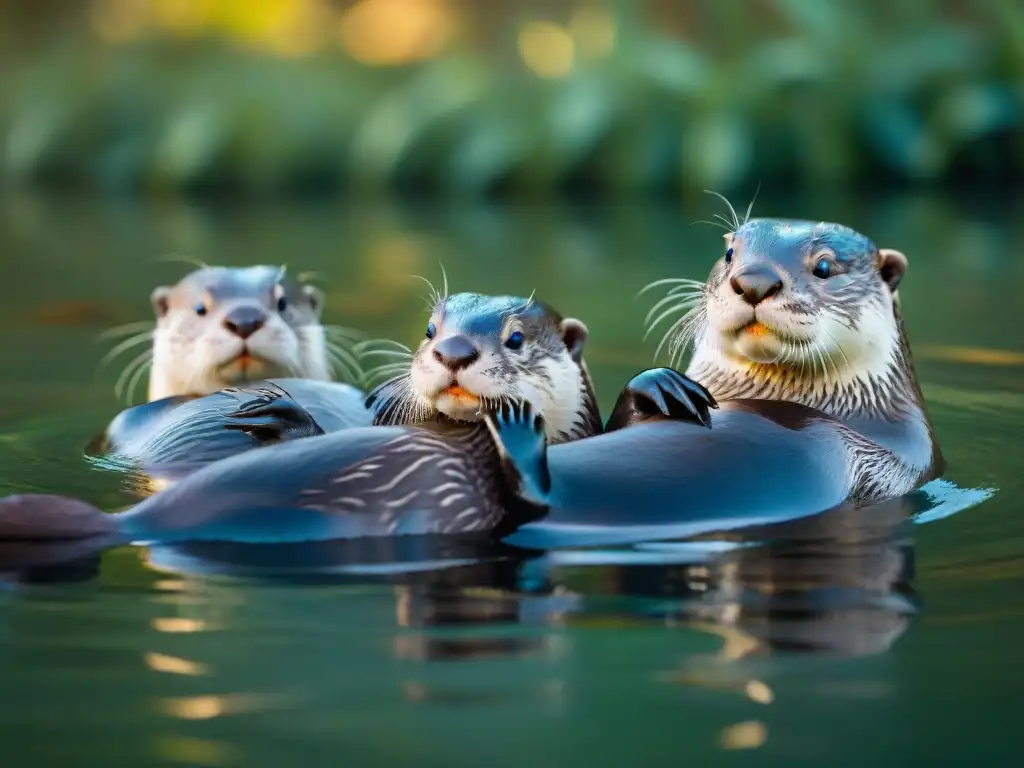 Familia de nutrias nadando en un río cristalino al atardecer en Uruguay