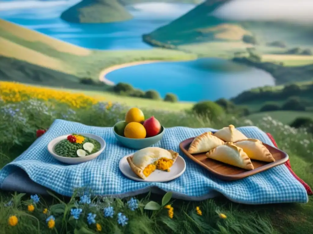 Familia disfruta de picnic con comida local en prado de Uruguay