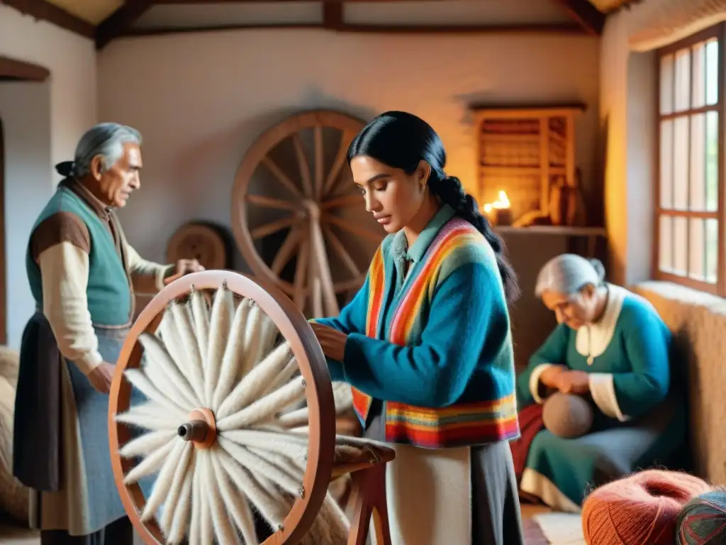 Una familia uruguaya muestra la tradición lanera sostenible en una escena cálida junto a una rueca de madera