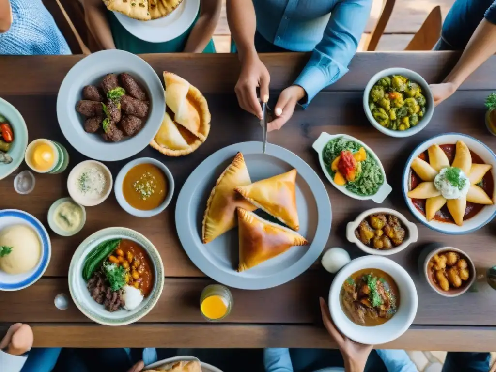 Una familia uruguaya disfruta de gastronomía sostenible en torno a una mesa de madera rústica