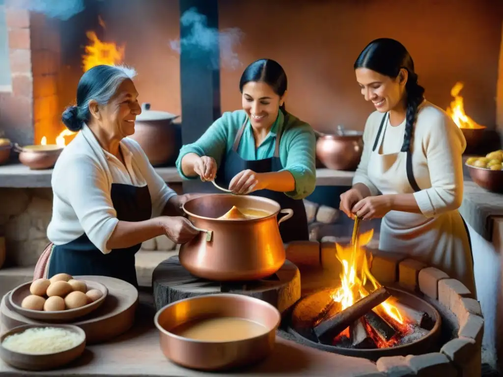 Una familia uruguaya tradicional preparando Dulce de Leche sobre el fuego en una cocina rústica, en una escena llena de tradición y calidez