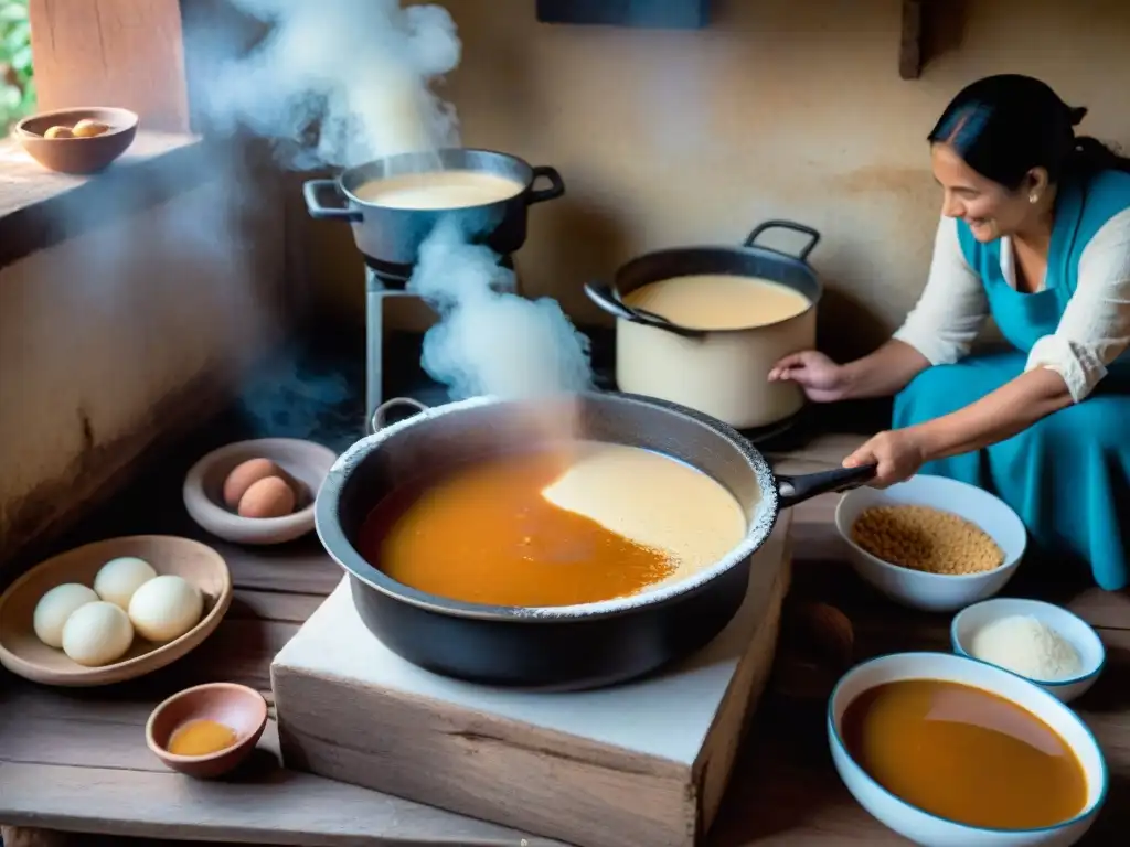 Una familia uruguaya tradicional elaborando Dulce de Leche en una cocina rústica