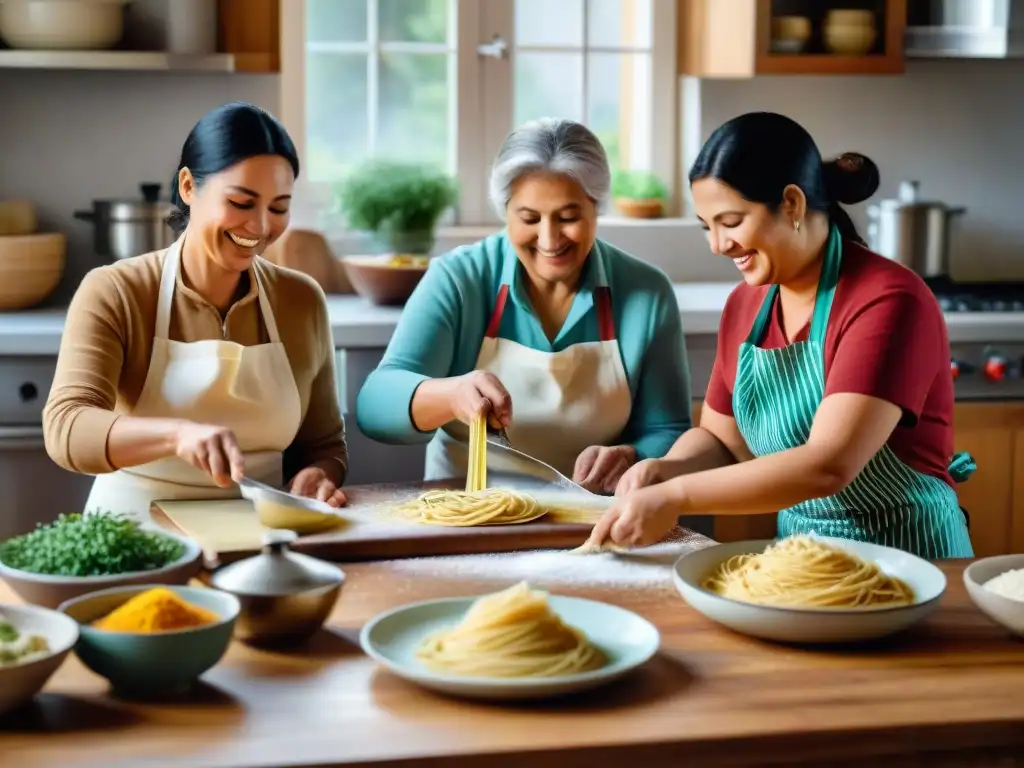 Una familia uruguaya tradicional preparando recetas de pastas caseras juntos en una cocina cálida y acogedora