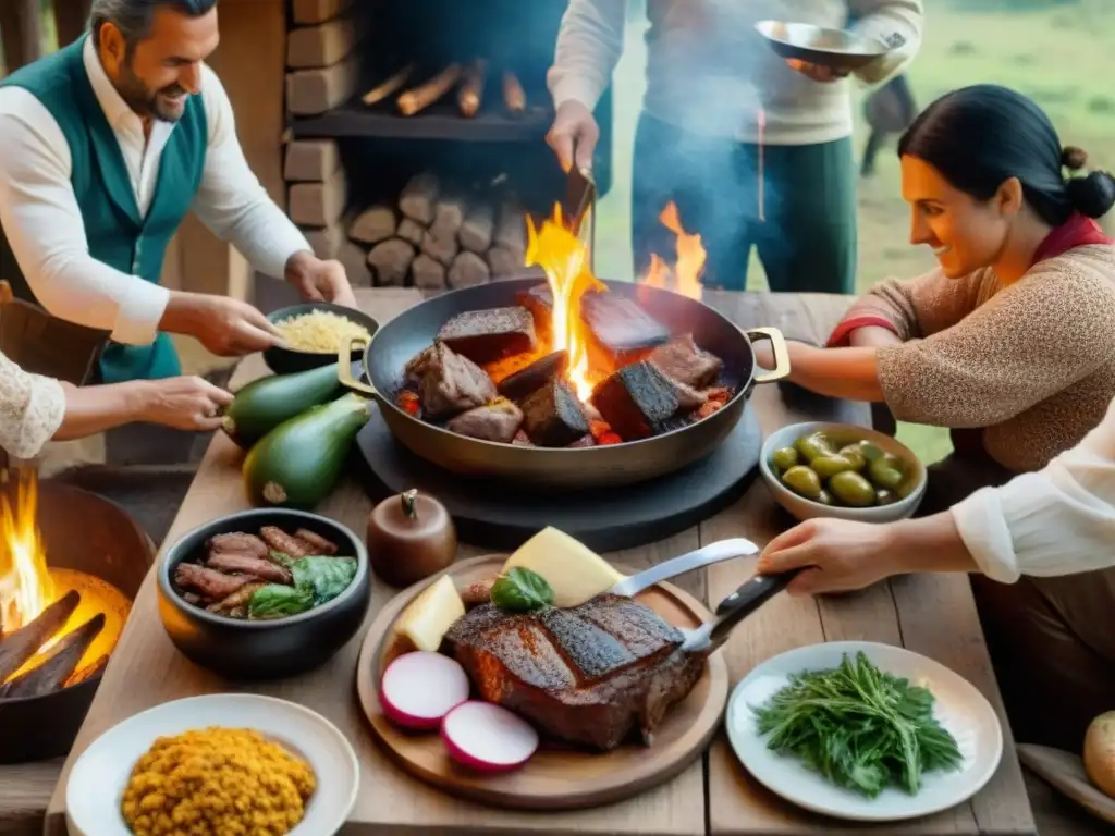 Una familia uruguaya preparando un asado en el campo, transmitiendo calidez y tradición culinaria