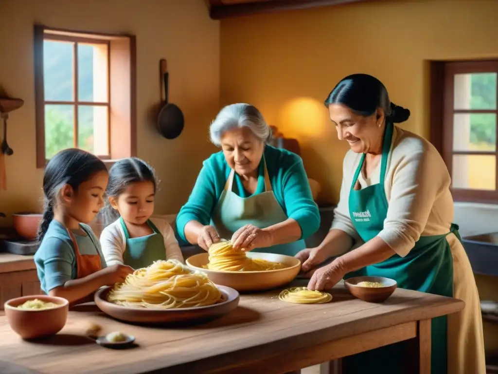 Una familia uruguaya preparando pastas caseras con amor en una cocina rústica