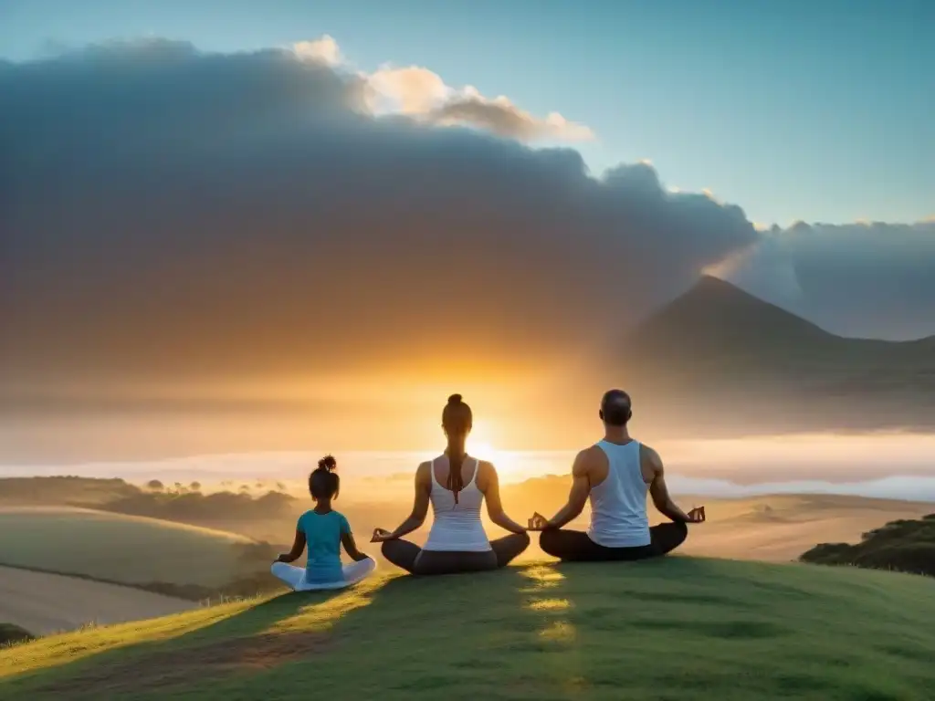 Familia practicando yoga al atardecer en Uruguay, unidos en paz y armonía