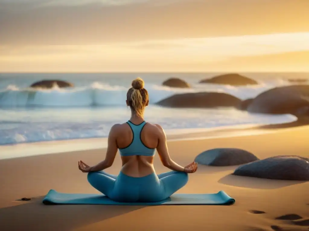 Familia practicando yoga en la playa al atardecer en Uruguay, perfecto para retiros yoga familiar