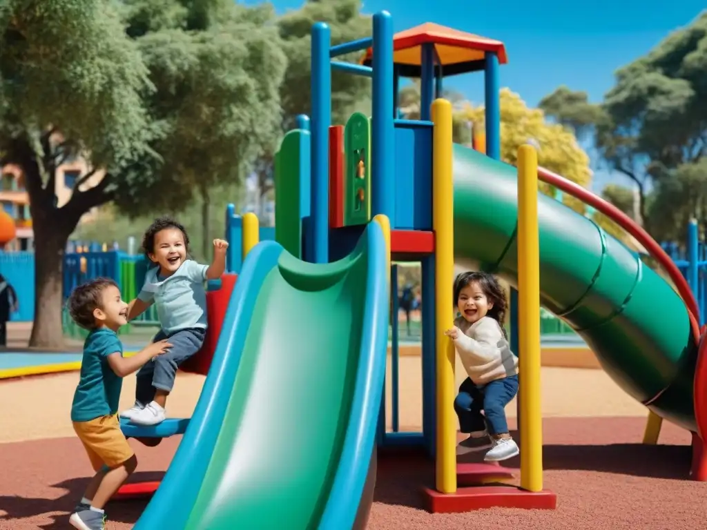 Familias felices disfrutando actividades familiares en un parque colorido en Montevideo, Uruguay