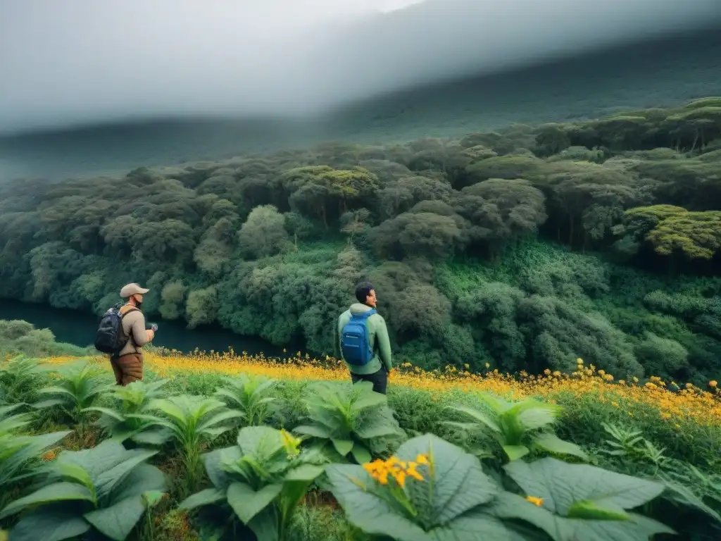 Familias exploran un frondoso bosque en Uruguay con un guía, resaltando el ecoturismo educativo