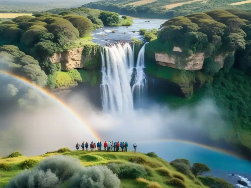 Familias, mochileros y parejas admirando cascada en Uruguay