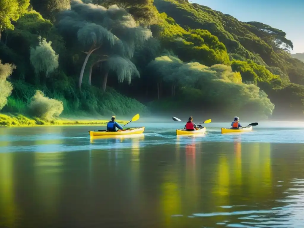 Familias y niños remando en kayak en un río tranquilo de Uruguay, rodeados de exuberante vegetación