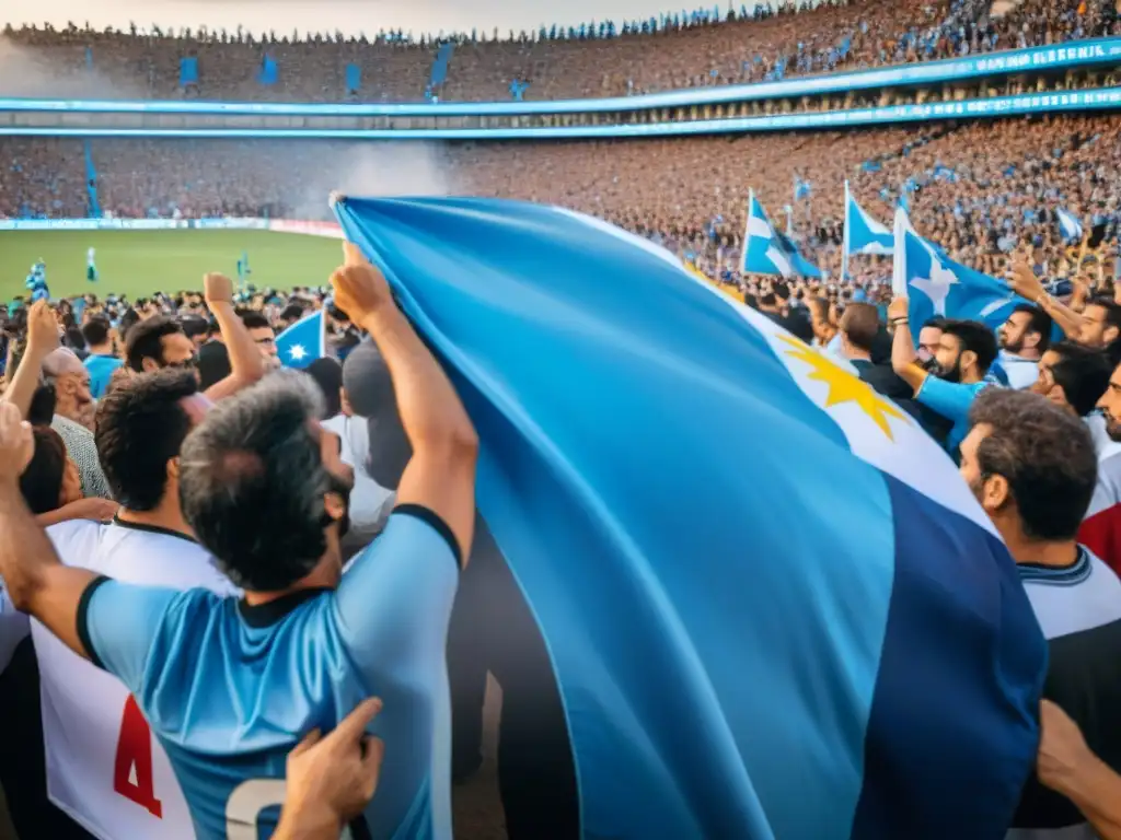 Fans apasionados en el estadio de fútbol de Uruguay, unidos a través del fútbol en una atmósfera vibrante