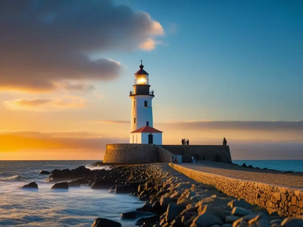 Guardián del ocaso: Faro de Colonia en atardecer vibrante El Faro de Colonia se alza majestuoso al atardecer, iluminando las calles empedradas de Colonia del Sacramento